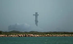 SpaceX Starship rocket on the launch pad after an automatic launch abort caused by engine problems.