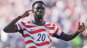 USA striker Folarin Balogun reacts during the FIFA World Cup after becoming eligible to face Belgium following the suspension of his one-match ban.