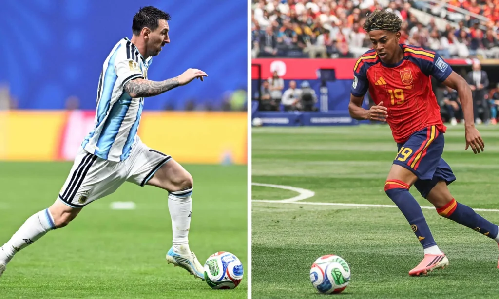 Argentina fans wave national flags as Lionel Messi's team prepares for the World Cup final against Spain.