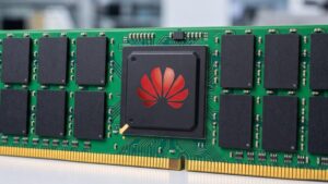 Huawei logo alongside semiconductor wafers representing the company's reported plans to establish a domestic DRAM memory manufacturing plant.