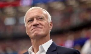 France coach Didier Deschamps watches from the touchline during the World Cup semi-final against Spain.