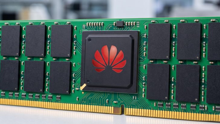 Huawei logo alongside semiconductor wafers representing the company's reported plans to establish a domestic DRAM memory manufacturing plant.