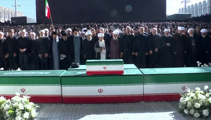 Funeral prayers in Tehran for Ayatollah Ali Khamenei attended by Iranian leaders and mourners.