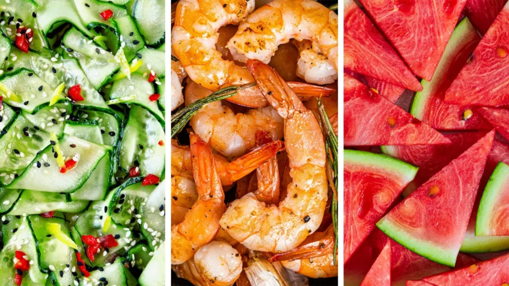 A healthy summer meal featuring water-rich fruits, vegetables and light protein recommended for staying hydrated during a heatwave.