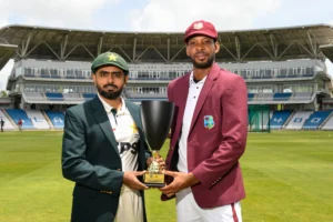 Pakistan captain Babar Azam prepares to lead his team against West Indies in the opening Test in Trinidad.