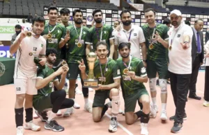 Pakistan volleyball team celebrates winning the CAVA Championship after beating Bangladesh in Islamabad.