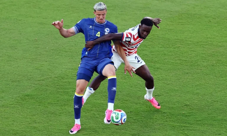 United States forward Folarin Balogun celebrates his goal during the FIFA World Cup match against Bosnia and Herzegovina.