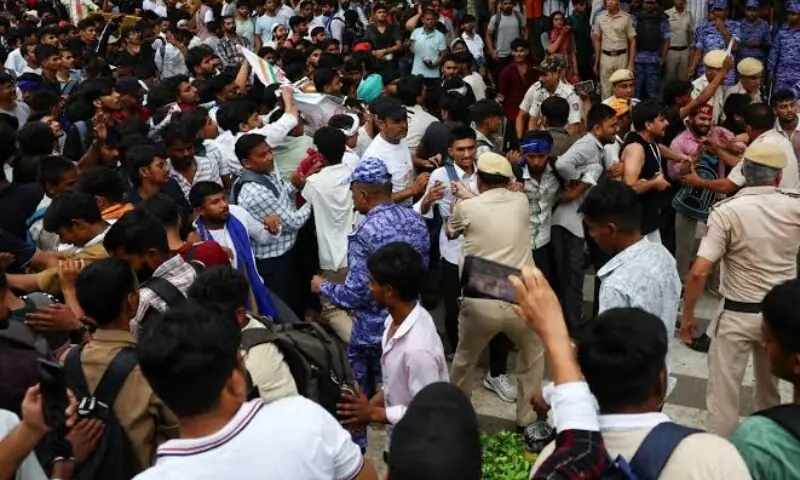 Police confront student protesters in New Delhi as demonstrators demand reforms following examination paper leak allegations.