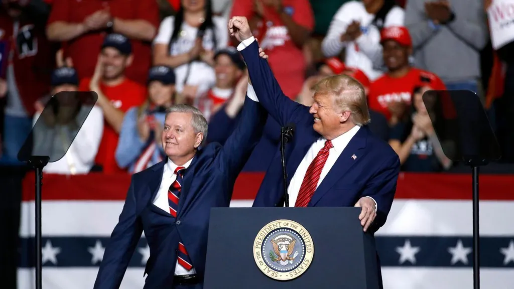 Republican Senator Lindsey Graham speaking during a public event before his de