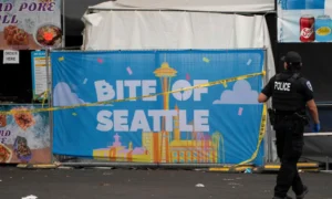 Emergency responders and police officers at the scene of the Seattle shooting near the Space Needle.