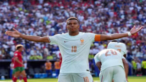 France's Kylian Mbappe celebrates his goal against Morocco in the FIFA World Cup quarter-final.