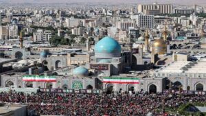 Thousands of mourners attend the burial ceremony of Ayatollah Ali Khamenei in Mashhad, Iran.