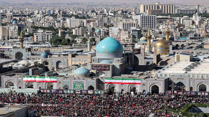 Thousands of mourners attend the burial ceremony of Ayatollah Ali Khamenei in Mashhad, Iran.