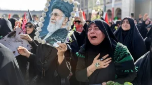 Mourners attend the state funeral of former Iranian Supreme Leader Ali Khamenei at Tehran’s Grand Mosalla as senior Iranian officials pay their respects.