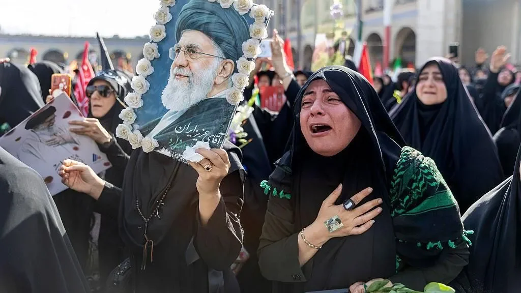 Mourners attend the state funeral of former Iranian Supreme Leader Ali Khamenei at Tehran’s Grand Mosalla as senior Iranian officials pay their respects.