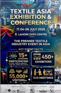 Exhibitors and visitors at Textile Asia 2026 showcasing modern textile machinery and digital technologies in Lahore.