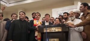 S.M. Tanveer speaks at a Pakistan Businessmen Group gathering while endorsing Ali Hassam Asghar for the Lahore Chamber of Commerce and Industry elections.