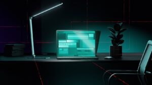 Cybersecurity illustration showing malware disguised as AI applications targeting small and medium-sized businesses.