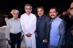 Shahid Khaqan Abbasi speaking at an Al Khair Hajj Group ceremony in Karachi on Pakistan's economy and exports.