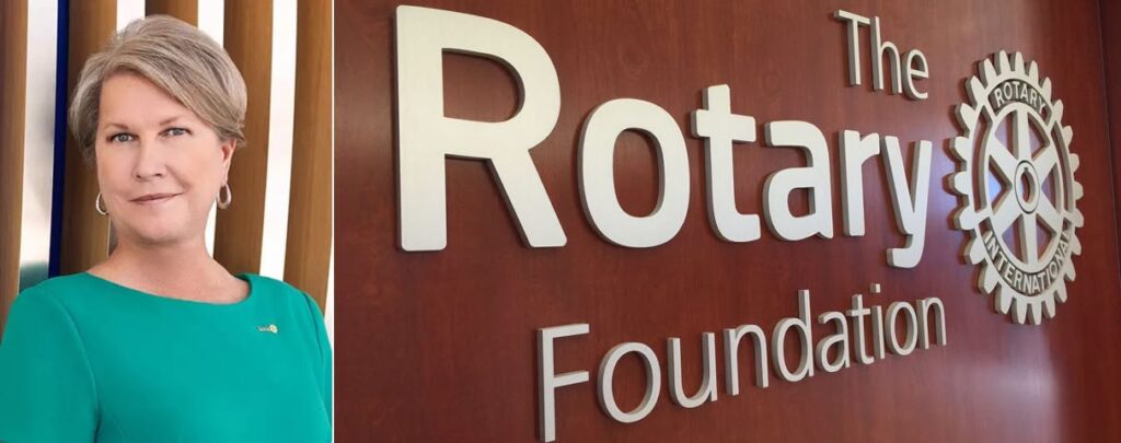 Jennifer Jones, Rotary Foundation Trustee Chair 2026–27, delivering her message on gratitude and global service.