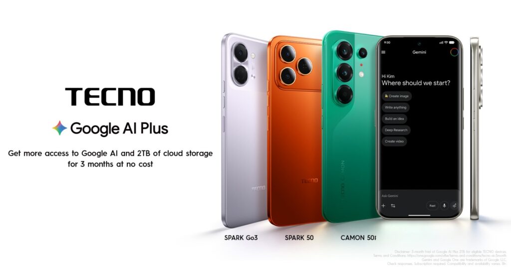 TECNO smartphone displaying Google AI Plus features with Gemini AI and 2TB cloud storage available through the promotional offer in Pakistan.