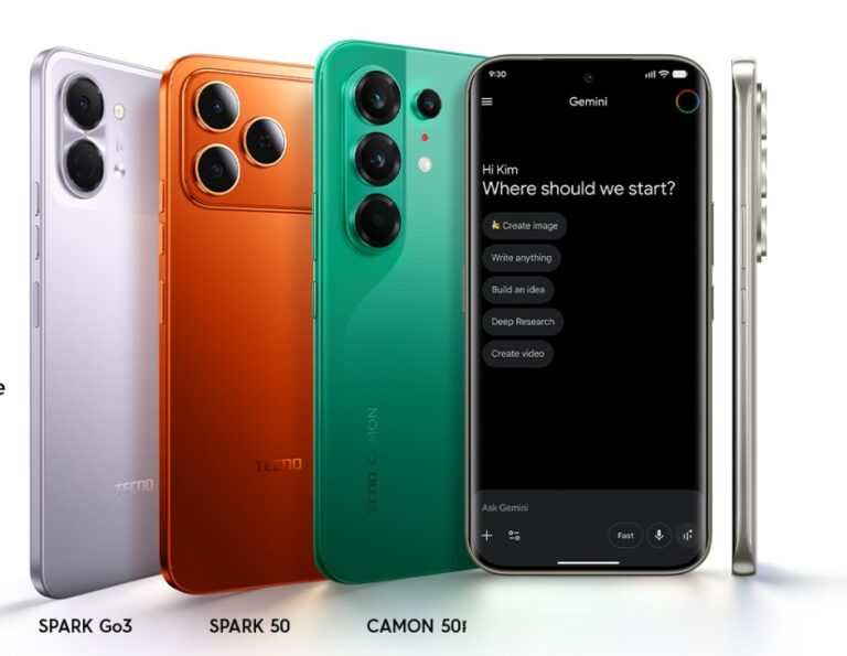 TECNO smartphone displaying Google AI Plus features with Gemini AI and 2TB cloud storage available through the promotional offer in Pakistan.