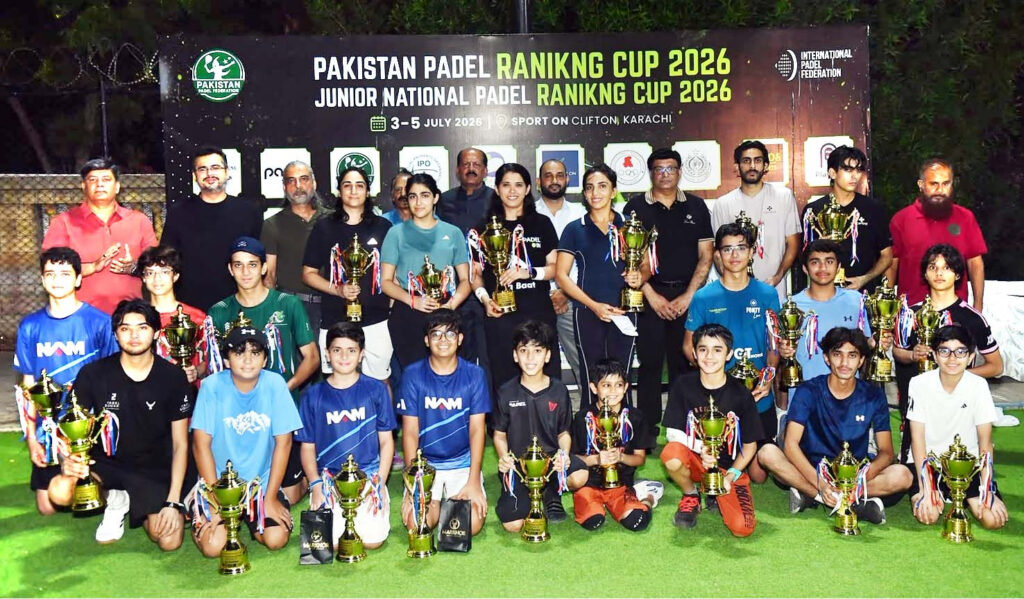 Winners receive trophies during the Pakistan Padel Ranking Cup 2026 closing ceremony at Sport On in Karachi.