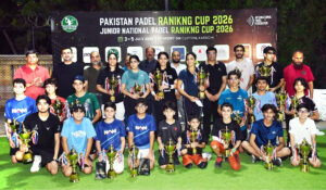 Winners receive trophies during the Pakistan Padel Ranking Cup 2026 closing ceremony at Sport On in Karachi.
