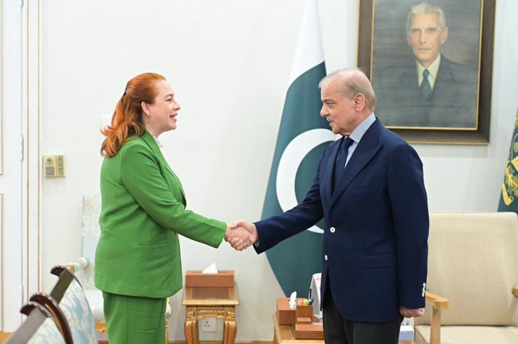 Prime Minister Shehbaz Sharif holds talks with UN Secretary-General candidate María Fernanda Espinosa on multilateral cooperation and global peace.