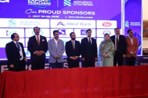 Officials from Standard Chartered Pakistan and FCCI unveil FCCI Expo 2026 during the soft launch event in Faisalabad.