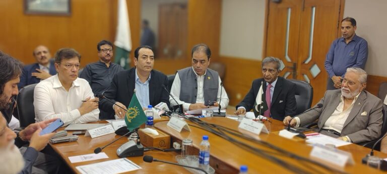FPCCI leaders and water experts discuss inland water transport opportunities during a business session in Karachi.