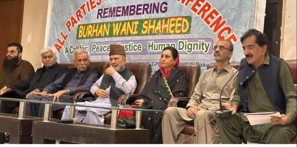 Political representatives attend a press conference at the Karachi Press Club discussing Jammu and Kashmir on the 10th anniversary of Burhan Wani's death.