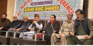 Political representatives attend a press conference at the Karachi Press Club discussing Jammu and Kashmir on the 10th anniversary of Burhan Wani's death.