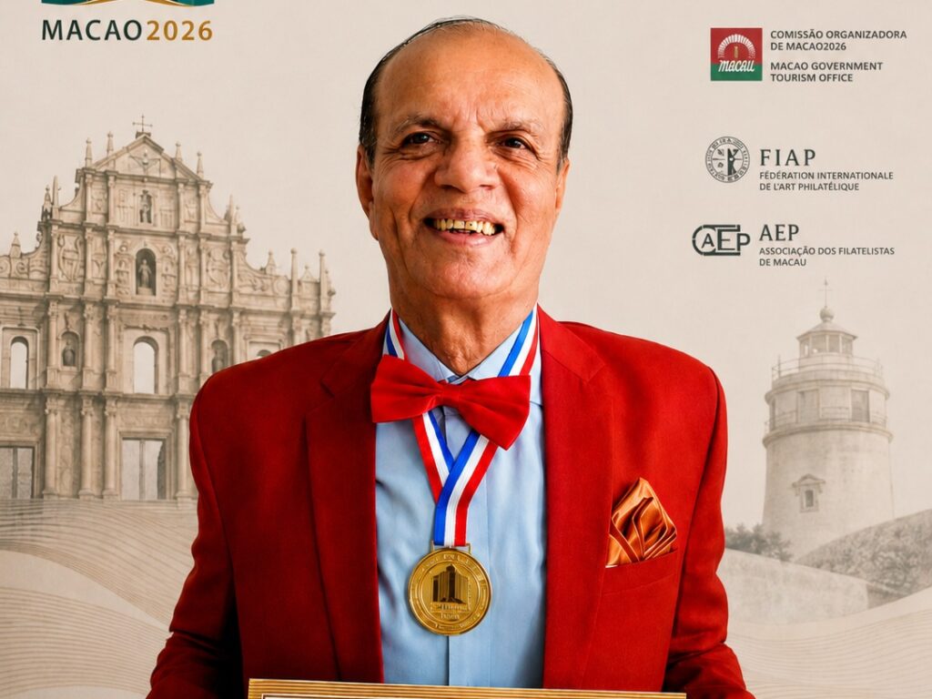 Arif Balgamwala receiving recognition after winning a Gold Medal at the Macao 2026 World Stamp Exhibition for Pakistan.