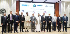 Officials inaugurate the IU Centre for Excellence in Islamic FinTech established by Meezan Bank and Iqra University in Karachi.