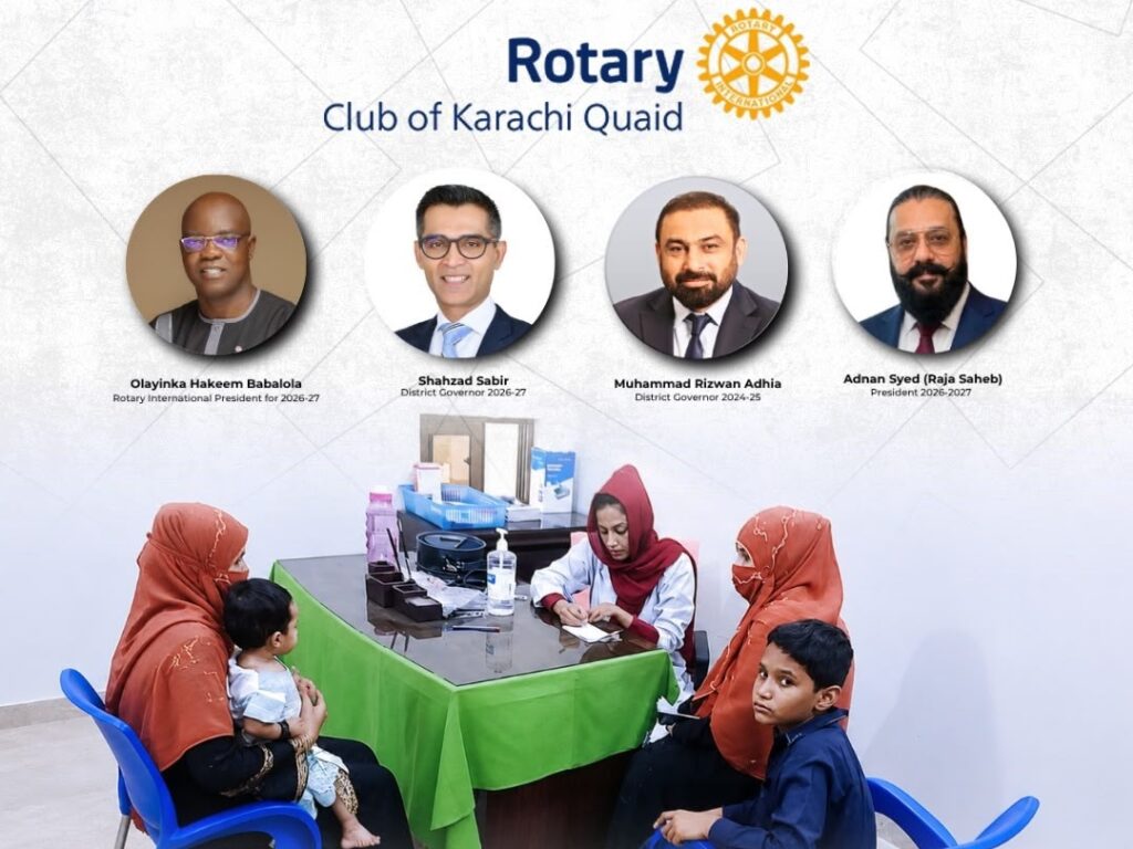 Members of the Rotary Club of Karachi Quaid during the leadership transition ceremony and announcement of a free medical camp in Karachi.