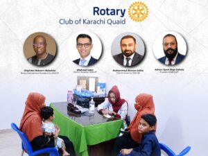 Members of the Rotary Club of Karachi Quaid during the leadership transition ceremony and announcement of a free medical camp in Karachi.