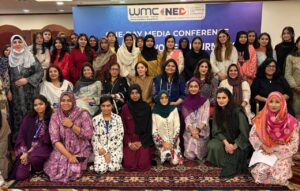 Member of the National Assembly Sharmila Farooqui speaks at a conference focused on leadership, safety and innovation for women journalists in Karachi.