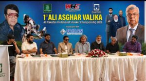 Officials and former world champions at the launch of the Ali Asghar Valika All-Pakistan Invitational Snooker Championship at Naya Nazimabad Gymkhana, Kar