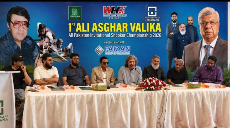 Officials and former world champions at the launch of the Ali Asghar Valika All-Pakistan Invitational Snooker Championship at Naya Nazimabad Gymkhana, Kar