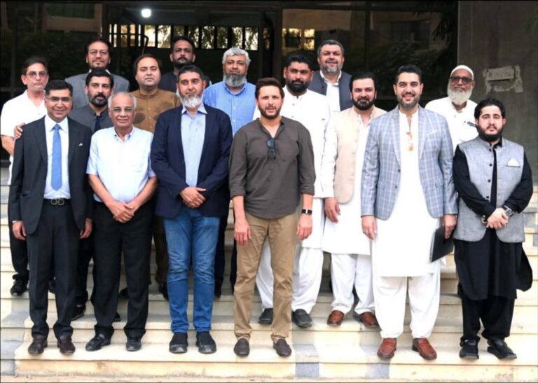 Former Pakistan cricket captain Shahid Afridi inaugurating the National Institute of Leather Technology (NILT) at the Pakistan Tanners Association alongside business and industry leaders in Karachi.