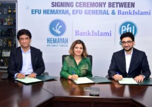 Officials from BankIslami, EFU Life and EFU General Insurance attend the signing ceremony for a partnership offering Shariah-compliant microtakaful services through digital banking.