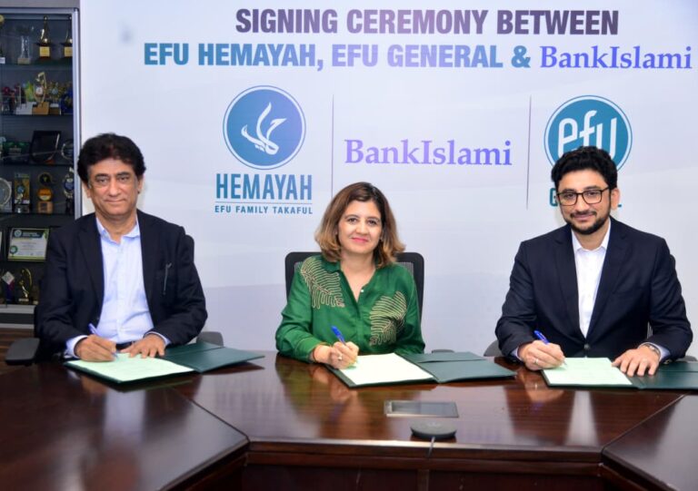 Officials from BankIslami, EFU Life and EFU General Insurance attend the signing ceremony for a partnership offering Shariah-compliant microtakaful services through digital banking.