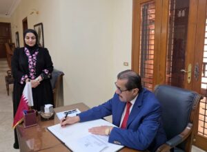 Dr Mirza Ikhtiar Baig signs the condolence book at the Consulate General of the State of Qatar in Karachi following the death of former Amir Sheikh Hamad bin Khalifa Al Thani.