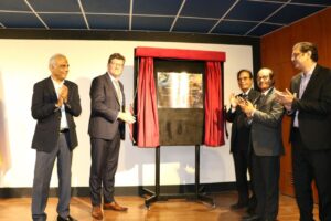 Officials and guests inaugurate the second phase of the Pakistan Eye Bank Society's school eye screening programme at PEBS Hospital in Karachi.
