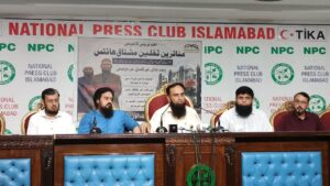 Homebuyers of Saqlain Mushtaq Heights speak during a press conference demanding refunds or project completion in Islamabad.