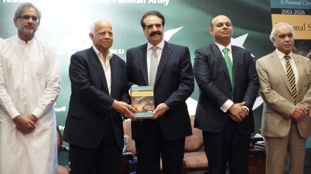 General (Retd) Raheel Sharif, Shahid Khaqan Abbasi and distinguished guests attend the launch of Ikram Sehgal's book National Security Strategy 2002–2026 in Islamabad.