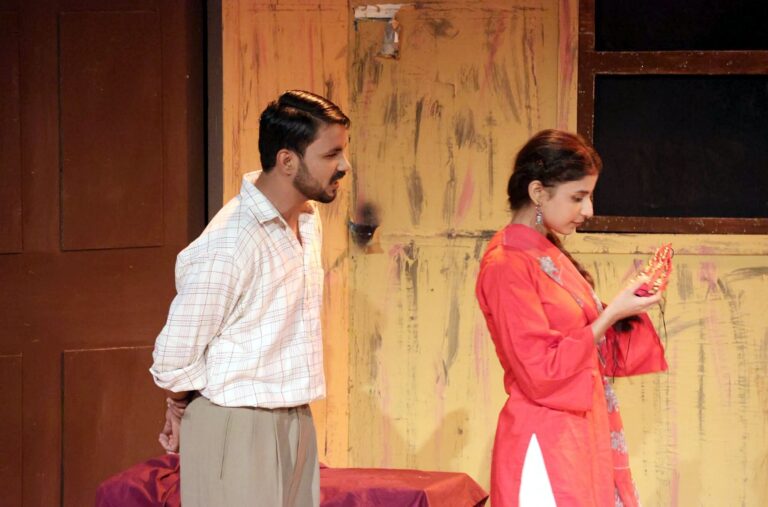Actors perform Rajinder Singh Bedi's classic Urdu play Naql-e-Makani during the SOVAPA Alumni Series at the Arts Council of Pakistan Karachi.