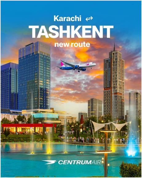 A Centrum Air aircraft promoting the new direct Karachi-Tashkent route between Pakistan and Uzbekistan.