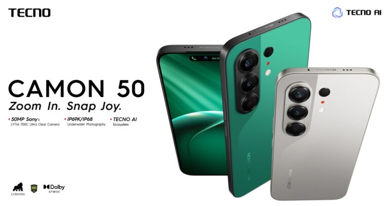 TECNO CAMON 50 smartphone showcasing its AMOLED display and advanced camera system.